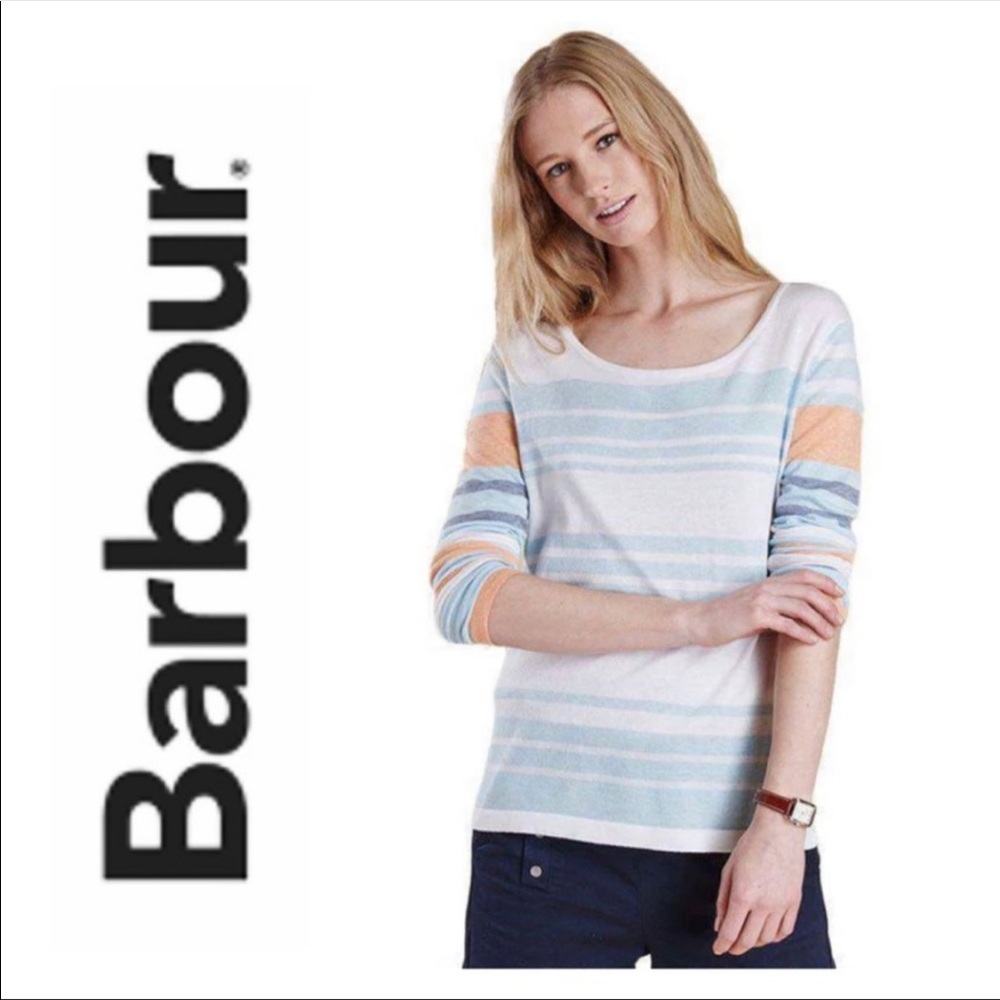 Barbour Bowline Striped Knit Sweater Lightweight Cotton Merino Wool Size 8